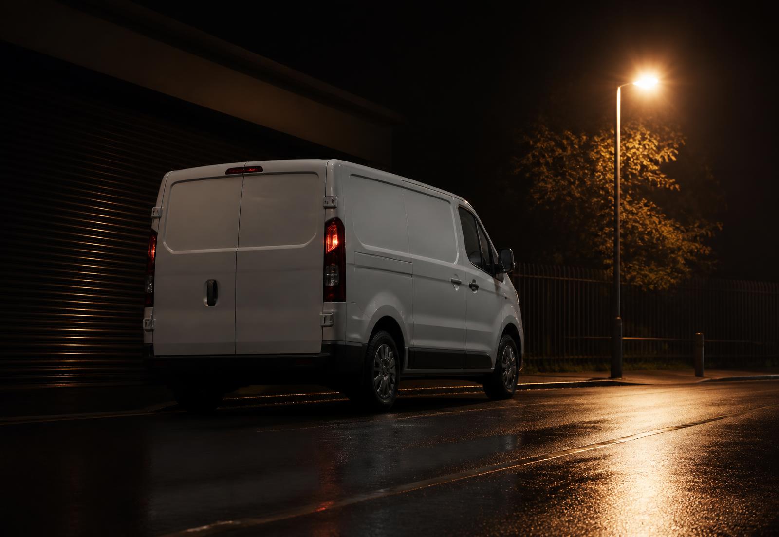 Work van parked on a wet street at night